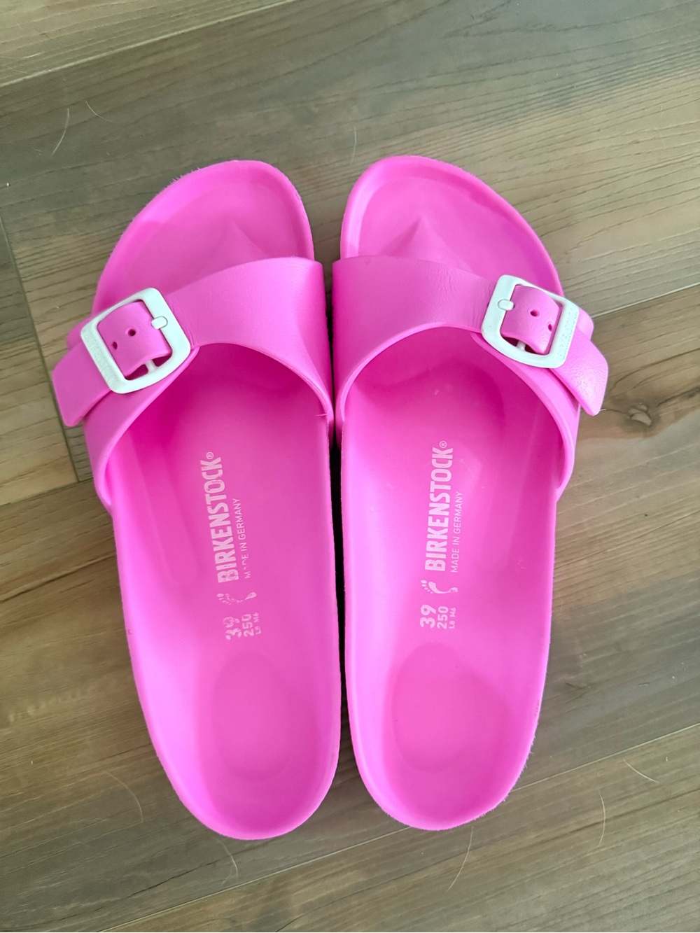 Birkenstock Pink EVA Single-Strap Slide Sandals with Silver Buckles